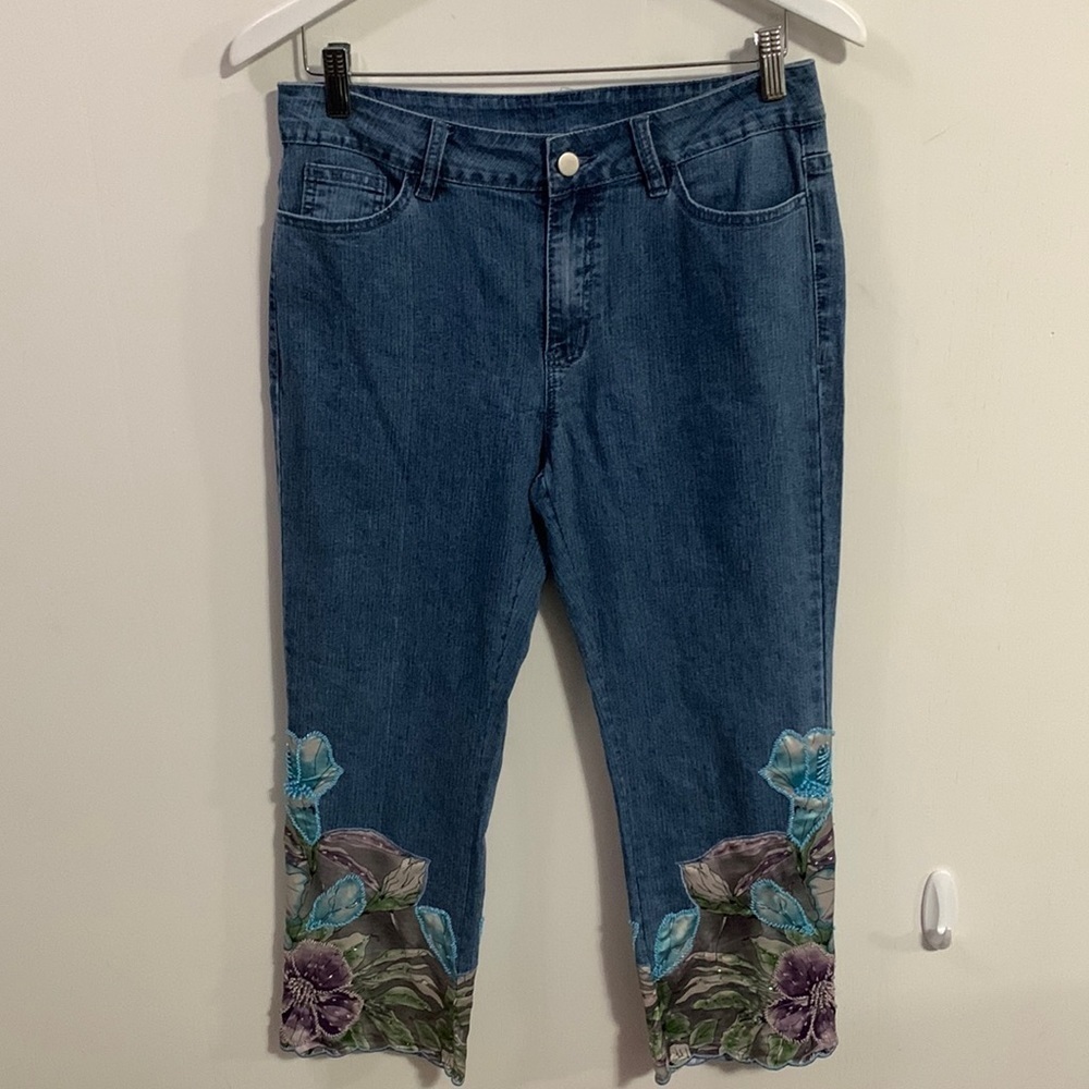 Soft Surroundings jeans with silky beaded floral leg bottoms Sz 6P gorgeous!!!